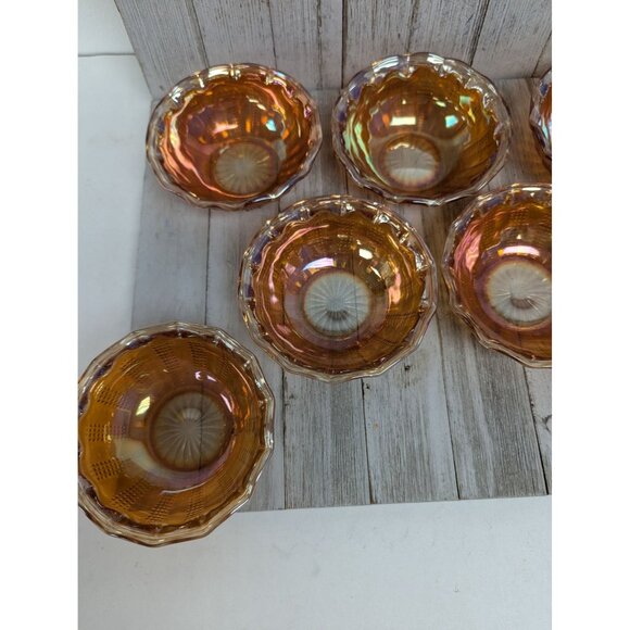 Set Of 7 Vintage Hazel Atlas Marigold Desert Bowls 4 1/2" Diamond Point Columns - Picture 4 of 7